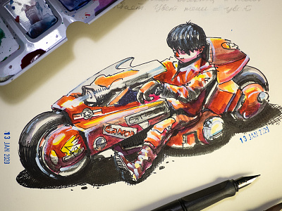 Kaneda on his iconic bike watercolor sketch akira anime aquarelle bike biker illustration ink drawing kaneda kotsuhiro otomo lamy manga sketch sketchbook watercolor