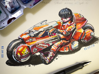 Kaneda on his iconic bike watercolor sketch