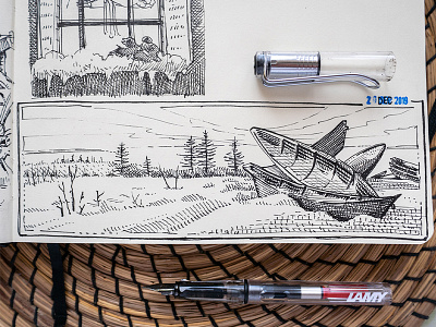 Fishing at Taymyr book illustration cinematic concept art drawing editorial illustration enviromental art etching illustration ink drawing pen and ink storyboarding