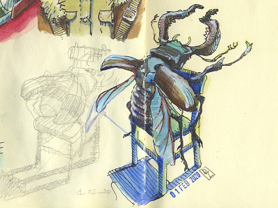 quick watercolor and ink sketch before pixel art book illustration bug character deer beetle drafts editorial illustration illustration ink and pen ink and watercolor insect sketchbook sketching watercolor