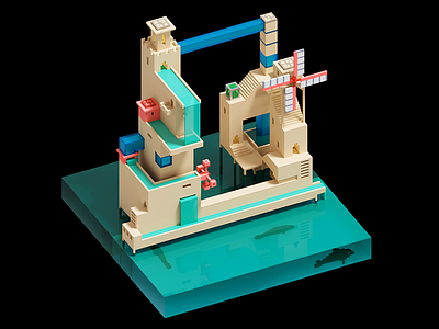 Voxel Sewerage 3d magicavoxel monument valley sewerage shark voxel water windmill