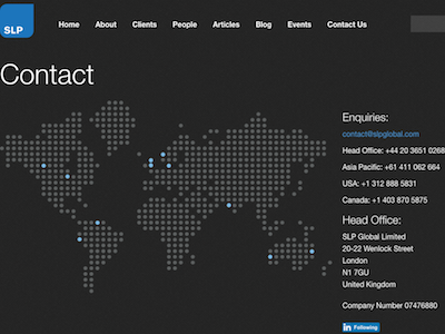 SLP Global - Contact Page black blue design grey map web design website world