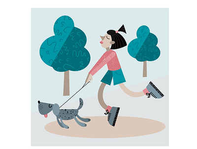 On a walk branding design dog flat funny girl illustration minimal