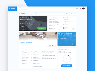 IELTS Online Learning Platform blue dashboard design education ielts minimal online open sans platform student ui ux