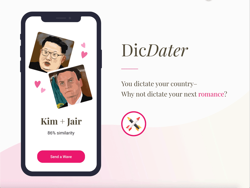 DicDater – The Dating App for Dictators adobe xd animated dating dating app mobile ui parody