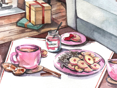 'Tea time' aquarelle childrens illustration christmas cute art food illustration holiday card illustration art sweets watercolor