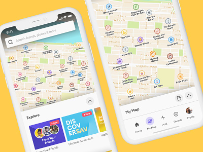 Pocket - Homescreen + My Map app application branding design emoji flat map social typography ui ux