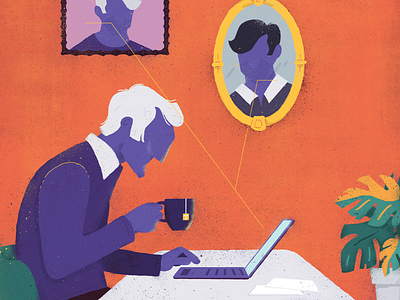 Memoirs editorial illustration laptop man memoir orange plants portrait purple tea writing