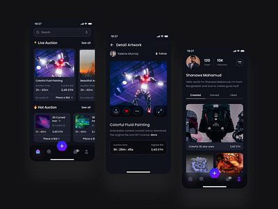 NFT Auction Mobile App auction auction app bitcoin crypto cryptocurrency dark mode doge hologram ios mobile mobile app nft nft app startup trade ui ui design