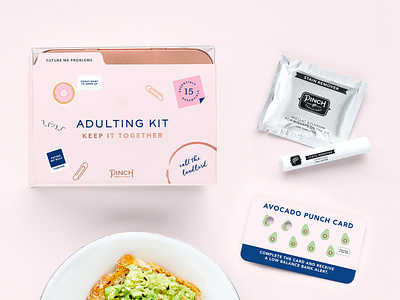 PACKAGING | Adulting Kit adulting avocado avocado toast gold foil illustration millenial packaging packaging design print design product development rose gold self care