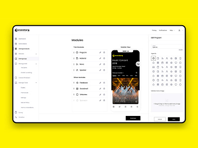 Eventorg cms customize app drag and drop event management events organizer sass theme design ui uiux web app