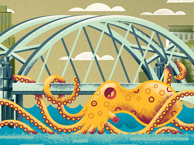 Octopus Attack! animal architecture bridge city distress illustration octopus river texture