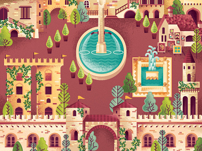 Two Dots Italian Courtyard building city fountain game illustration italian italy map texture town trees two dots videogame villa village vines