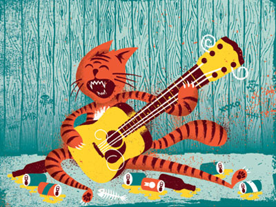 Lil Kitty Gettin' Shitty bottle bum can cat distress fence guitar illustration instrument poster texture