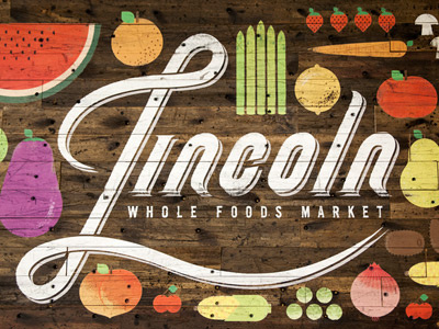 Whole Foods Mural and Logo food illustration interior design logotype mural texture typography vegetables vintage wood