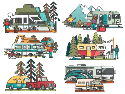 RV Camping camper campervan camping distress editorial editorial illustration illustration nature recreation rv texture trailer vacation vector