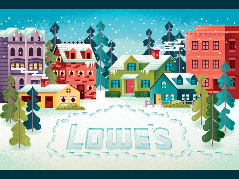 Lowe's winter neighborhood giftcard apartment christmas cottage giftcard giftcards home house illustration neighborhood snow trees winter