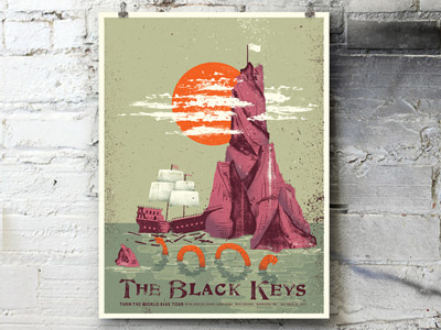 The Black Keys shipwreck clouds distress gigposter illustration island monster ocean poster sea serpent ship sun texture