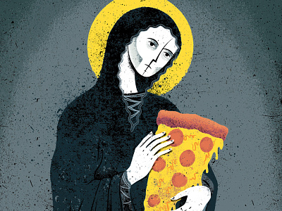 Pizzatheist blasphemy cheese distress food halo illustration mary pizza religious renaissance snacks texture