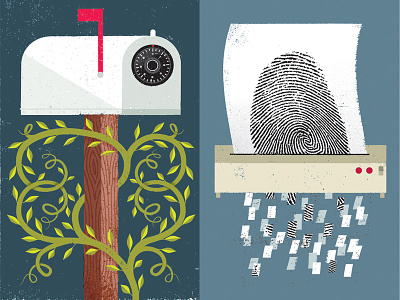 AARP Scam Prevention distress editorial fingerprint illustration lock mailbox paper paper shredder plants spot illustration texture vines