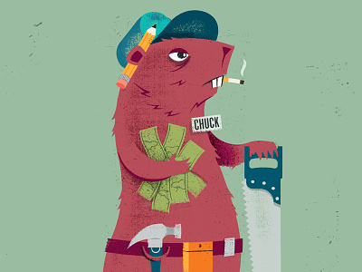 Shady Woodchuck cigarette contractor distress editorial hammer illustration money rodent saw texture tools woodchuck
