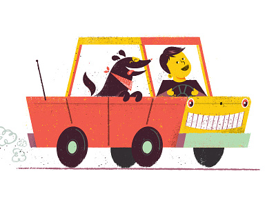 Joyride animal car dog driver editorial illustration joyride pet roadtrip sedan texture vehicle