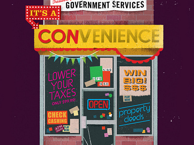 Con or Convenience bodega convenience distress editorial fraud illustration neon scam sign signage store texture