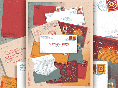 Andrew Bird Letters distress gigposter illustration letters light house mail post cards postage poster roses stamps texture