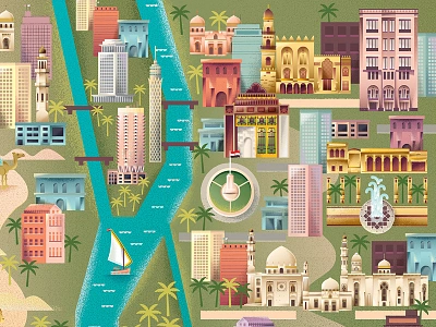 Cairo Map buildings cairo city editorial egypt illustration magazine map mosque pyramids sphinx texture