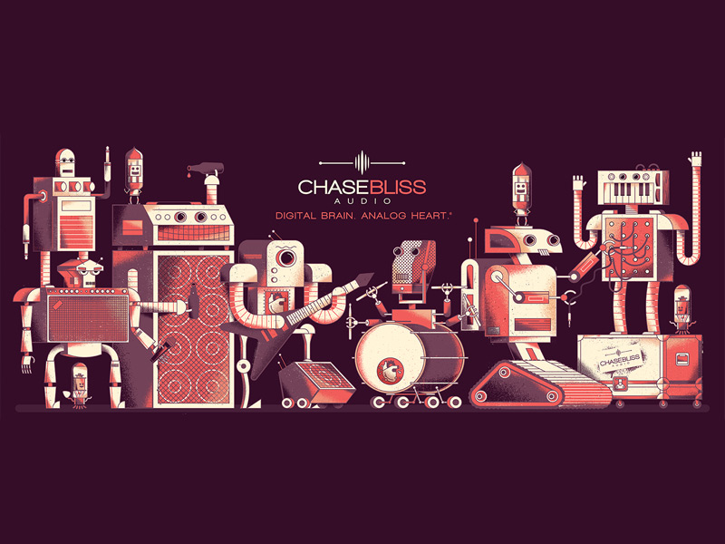 Chase Bliss mural amplifier drums guitar illustration instruments keyboard microphone mural music gear pedals texture tube