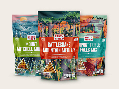 Earth Fare Trail Mix packages camping ferns food forest hiking illustration nature outdoors outside package design packaging plants trees waterfall woods