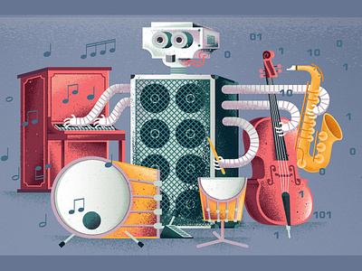 Jazz Robot ai amplifier bass drums editorial illustration illustration instruments jazz music musician piano robot robots saxophone science scientist texture
