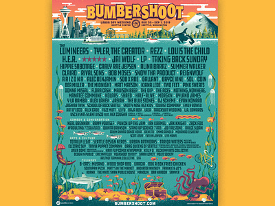 Bumbershoot Festival Branding animals branding bumbershoot festival mountain music nature ocean octopus otter poster puget sound sea seattle shark space needle whale