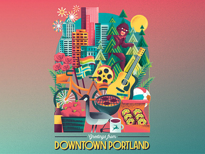 Portland Summer bike city cityscape donuts editorial flags fruit goose grill guitar illustration portland roses sasquatch skyline town