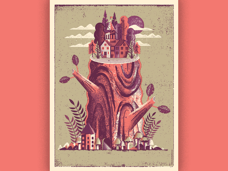 Forest Village Art Print pnw pacific northwest wilderness church village mushrooms stump tree woods nature forest screenprint gigposter poster illustration