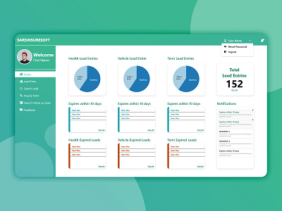 Insurance Agent Dashboard branding dashboard design dashboard ui data lead entries design pie chart layout design piechart sars infotech template design typography ui ux website