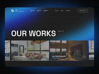 Interior design agency header concept dark design figma homepage ui