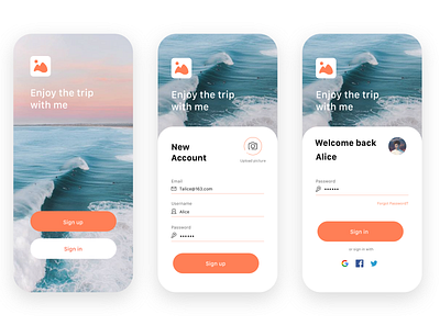 trip-login and registration app design ui ux