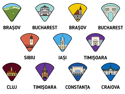 Romanian Cities Icons brasov bucharest cluj constanta craiova iasi icon design icon set icons illustration illustrator romania romanian sibiu timisoara