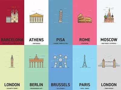 Europe Cities athens atomium barcelona berlin brandenburg gate brussels colosseum design eiffel tower elizabeth tower illustration illustrator london moscow paris parthenon pisa rome sagrada familia