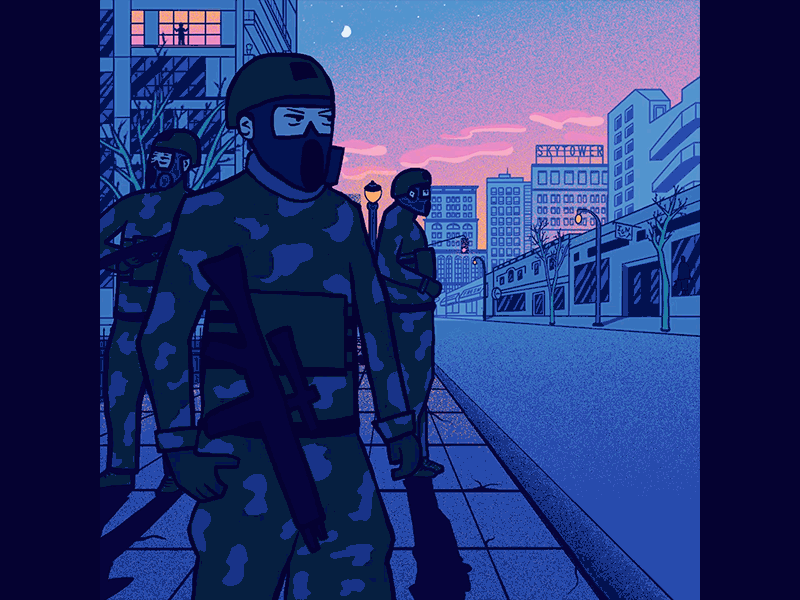 Processed by the boys adobe adobephotoshop animatedgif animation army cel animation city evening frame by frame illustration military soldiers sunset