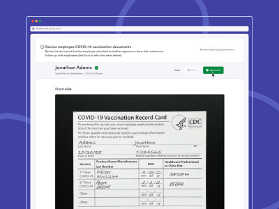 Proof of Vaccination - Company Admins admin cdc cdc record covid dashboard employee envoy hybrid work office pandemic pfizer platform return to office review ui vaccination vaccine vaccine card vaccine document