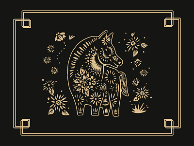 黑 Dark Horse 馬 asian black dark horse digital gold horse illustration paper cutting art