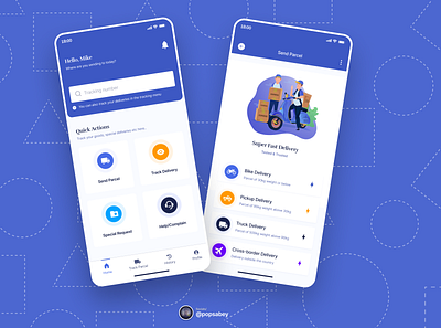 Delivery and tracking app app application blue concept dashboard design landing page minimalist mobile design status tracking truck ui user experience
