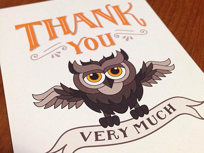 owl thank you note bird card feathers hand lettering illustration lettering owl ribbon stationery thank you