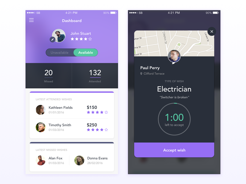 Genio - Services on Demand window profile switcher app daily feed timer ios ux ui dashboard