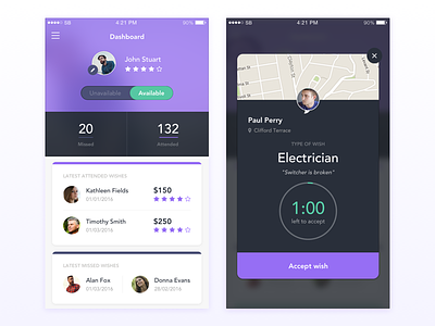 Genio - Services on Demand app daily dashboard feed ios profile switcher timer ui ux window