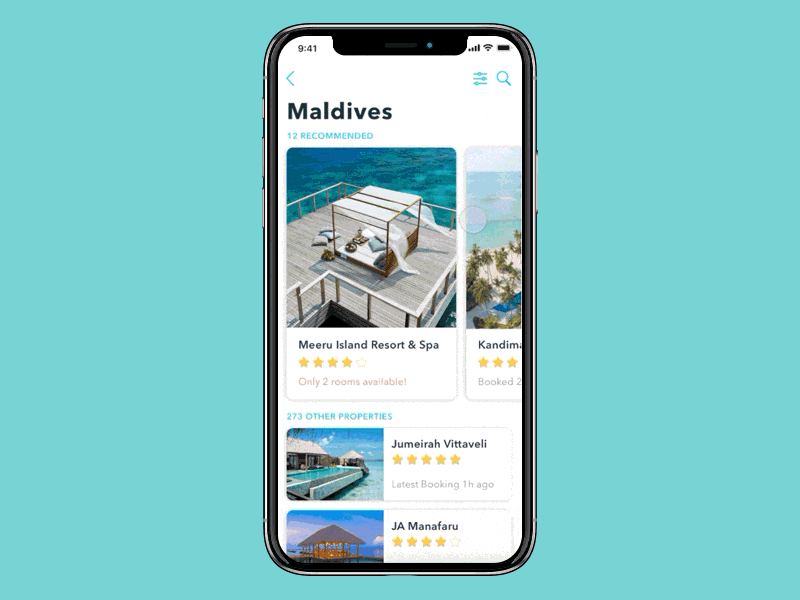 Hotel Search app (Animated) app booking cards gallery gif hotel ios ios11 transition travel