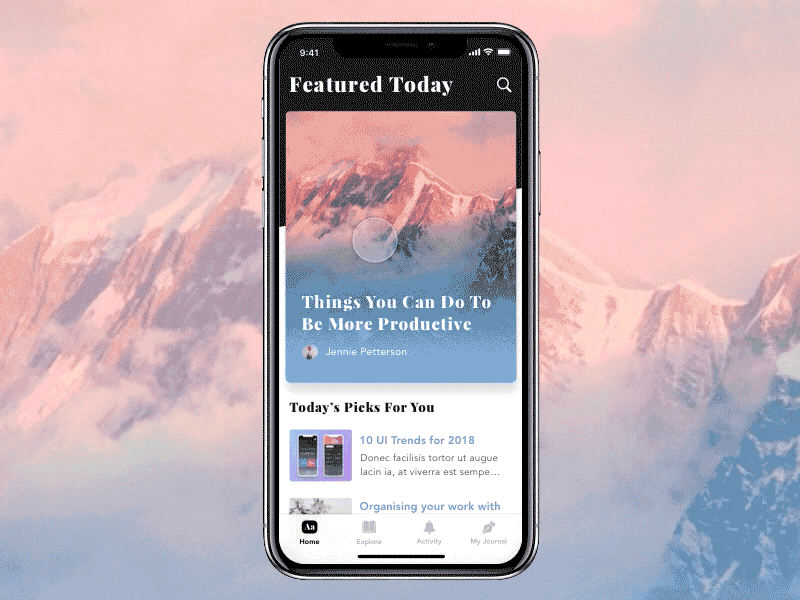 Blog UI Animation animation app article blog interaction ios11 iphone x journal news ui