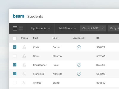 BSSM Student List admin app application platform spreadsheet table ui ux web app web design
